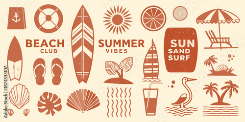 A collection of summer themed illustrations depicting beach and ocean elements