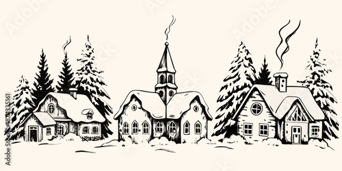 Charming winter village illustration with snow covered houses and tall trees