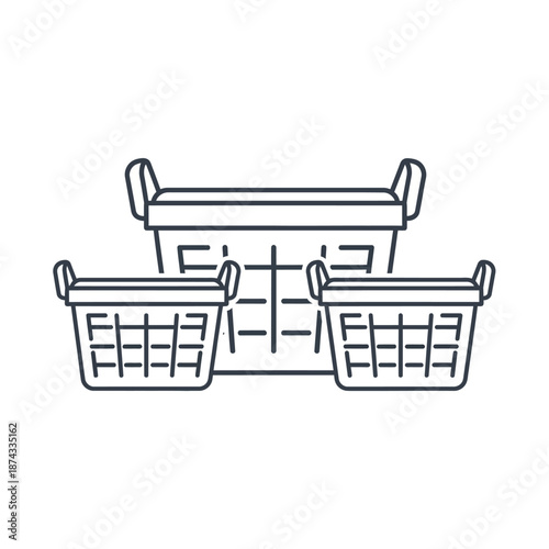 Set of three laundry baskets, simple line art icon, isolated on white background.
