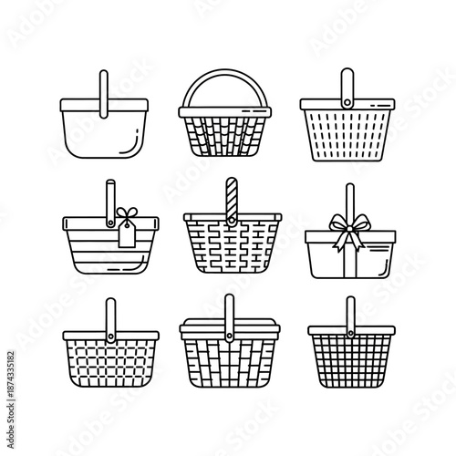 Set of various picnic baskets, outline icons, isolated on white background