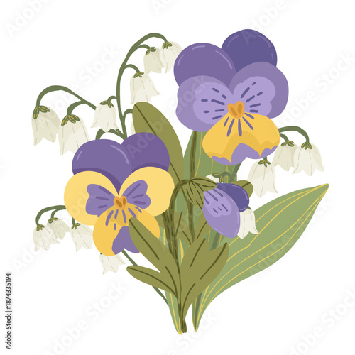 Colorful bouquet of purple pansy flowers and lily of the valley, hand drawn vector illustration.