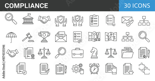 Compliance line icons set featuring regulatory approval, risk management, legal protection, auditing processes, policy control, governance, and business security symbols