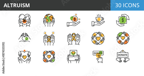 Altruism line icons set featuring charity donation helping hands community support love care volunteering humanitarian values symbols compassion social kindness