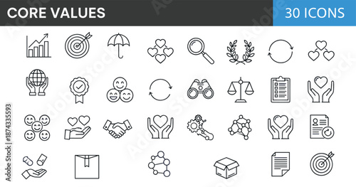 Core values line icons set featuring ethics, teamwork, trust, leadership, integrity, responsibility, collaboration, transparency, and organizational culture symbols design elements