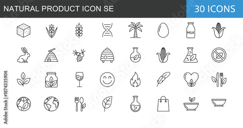Natural product line icons set featuring organic food eco friendly farming agriculture wellness sustainability herbal and healthy lifestyle symbols