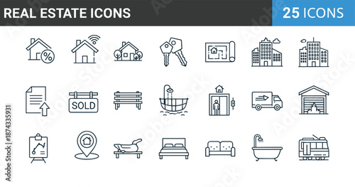 Real estate line icons set featuring property sale rental home mortgage apartment building interior moving and housing investment symbols