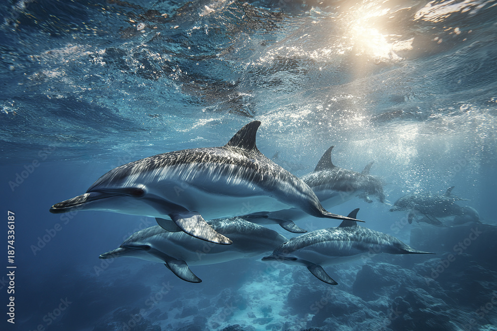 Fototapeta premium Group of dolphins swimming beneath rippling ocean surface with sunlight shining through water, creating serene and lively underwater scene full of motion and natural beauty