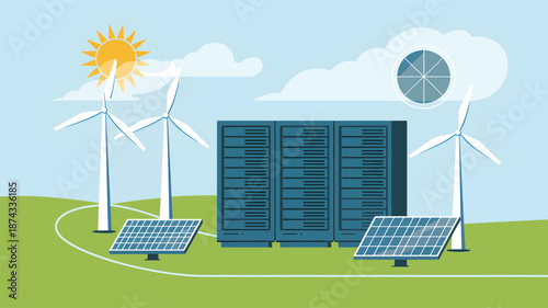 Wind turbines solar panels and server racks on green field under blue sky with sun and clouds