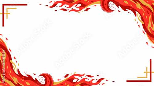 A vibrant red and orange fiery border design with traditional corner accents on a white background.
