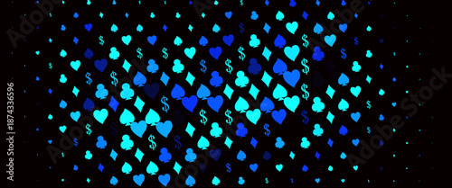 Dark Blue, Green vector layout with elements of cards. Colorful gradient with signs of hearts, spades, clubs, diamonds. Design for ad, poster, banner of gambling websites.