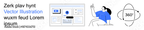 Data analytics, virtual learning, technology, user interaction, 360 visualization, business intelligence. Illustrated dashboard, person pointing and 360-degree symbol. Data analytics and virtual