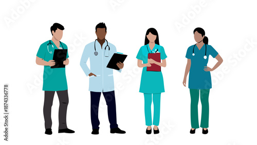 Vector silhouette of a doctor and nurse wearing scrubs, carrying a stethoscope and clipboard, standing in a confident pose, clean medical icon style.