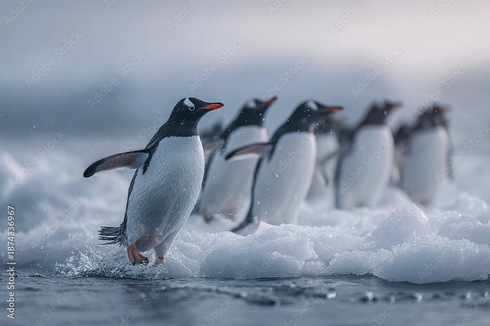 Fototapeta premium Group of penguin walking on ice with one jumping into water, cold environment with snow and ice floes, lively and dynamic wildlife scene
