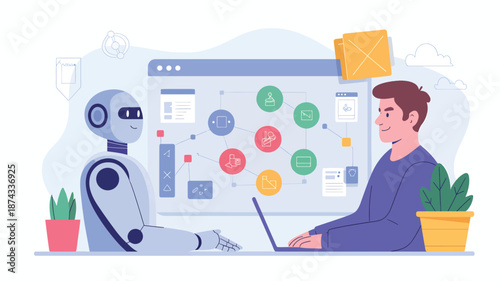 A man and a robot working together on a laptop with a flowchart on the screen