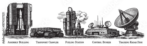 A vintage ink drawing depicts a complete rocket launch facility, including assembly buildings, transport crawler, fueling station, control bunker, and tracking radar, evoking a sense of space explorat