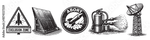 A collection of black and white vintage illustrations depicting rocket launch symbols, a fiery barrier, an abort seal, a fuel dispenser, and a satellite dish, evoking a retro science fiction aesthetic