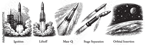 This vintage engraving illustrates the distinct phases of a rocket launch, from ignition and liftoff to stage separation and orbital insertion against a cosmic backdrop.