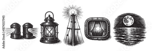 A collection of vintage light sources including lanterns, lamps, and a moonlit scene, rendered in a detailed black and white engraving style.