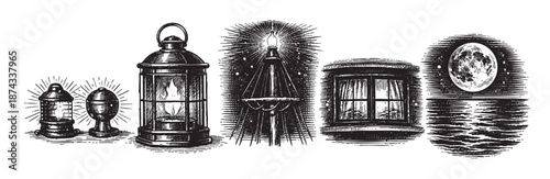 A vintage illustration set featuring various light sources including lanterns, a beacon light, a window view, and a moonlit sea, evoking a sense of nostalgia and mystery.