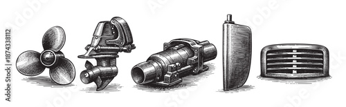 A collection of vintage-style nautical mechanical components, including a propeller, outboard motor parts, and a vent, rendered in a detailed black and white engraving style.