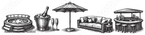This black and white line art illustration depicts a luxurious outdoor entertainment setup featuring a fire pit, champagne bucket with glasses, patio umbrella, sofa, and a bar.
