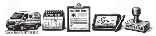 This illustrative depiction showcases a pest control service workflow, including a branded van, an appointment calendar, a treatment report with insect graphics, a signed document, and a job completio