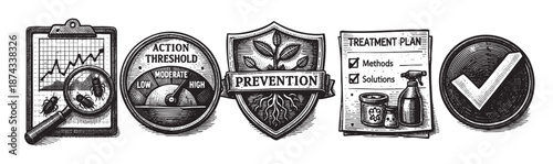 A collection of vintage engraving style icons representing pest control, including a graph, gauge, shield, treatment plan with spray bottle, and checkmark.