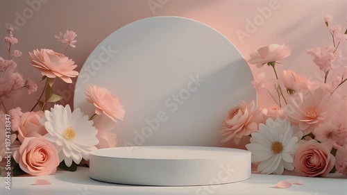 A serene floral composition features a white circular podium and backdrop. Peach and white blossoms artfully frame the space. Gentle lighting enhances the delicate textures
