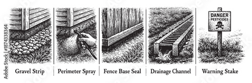 This is a series of five black and white illustrations depicting various outdoor pest control methods and property maintenance details.