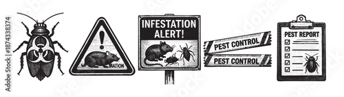 This black and white illustration features a collection of icons related to pest control, including a beetle, warning signs, and a clipboard with a pest report.