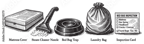 This illustration depicts a bed bug inspection checklist next to a mattress, a vacuum cleaner with steam, and a drawstring bag, suggesting pest control and cleaning services.