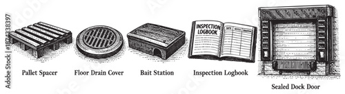 A line art illustration displays five items related to pest control, including a pallet spacer, floor drain cover, bait station, inspection logbook, and a box.