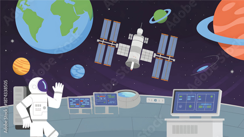 Astronaut in a space suit waving near control panels with the space station and planets in the background