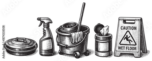 A vintage black and white illustration depicts essential cleaning supplies including a spray bottle, bucket with mop, wipes container, and a wet floor caution sign.