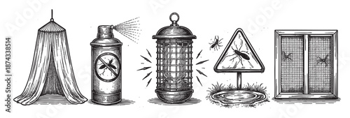 A black and white line art illustration depicts various methods for insect control, including a mosquito net, spray can, electric bug zapper, caution sign, and a screened window.