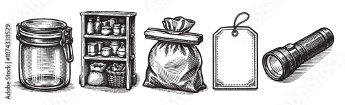 A collection of vintage black and white line art illustrations featuring a glass jar, pantry shelf with jars, a drawstring bag, a blank tag, and a flashlight.