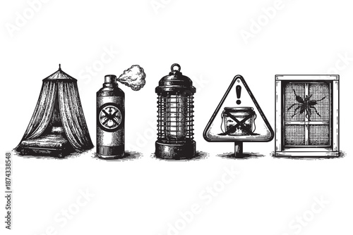 A black and white line art illustration depicts various methods for insect control, including a mosquito net, spray can, electric bug zapper, caution sign, and a screened window.