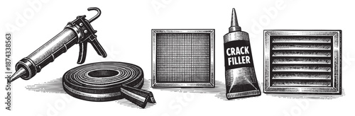 A detailed illustration of home renovation tools including a caulking gun, sealant tape, crack filler tube, and vents, presented in a classic woodcut style.