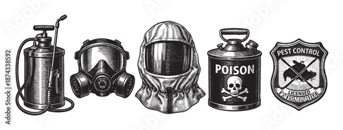 A vintage woodcut illustration displays a collection of pest control items including a sprayer, gas mask, protective hood, and poison can, alongside a licensed exterminator emblem.