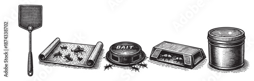 A collection of vintage-style black and white illustrations depicting various pest control methods, including a fly swatter, sticky traps, bait stations, and a jar.