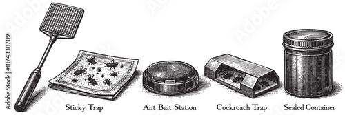 A vintage black and white illustration depicts a fly swatter, sticky trap, ant bait station, cockroach trap, and sealed container, representing various pest control methods.