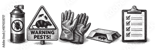 This woodcut-style illustration shows a collection of items for pest control, including a spray can, a warning sign, gloves, a bait station, and a clipboard with a checklist.