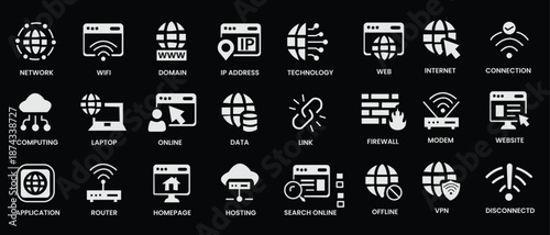 Internet icon set. Containing website, link, data, web, online, domain, technology, modem, VPN, hosting, connection and more. Solid vector icons collection. 