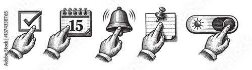 A series of five vintage style woodcut illustrations show a hand interacting with icons representing selection, scheduling, notification, a reminder, and a power switch.