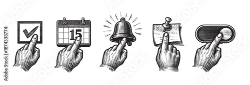 A set of five black and white woodcut-style illustrations depicting hands interacting with icons representing tasks, dates, alerts, notes, and toggles, perfect for process or workflow concepts.