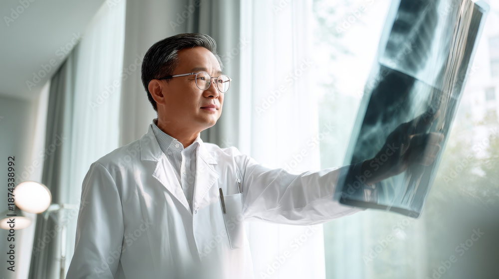 Fototapeta premium Doctor examining an X-ray in a medical office setting. An Asian doctor is analyzing an X-ray to diagnose a patient's condition