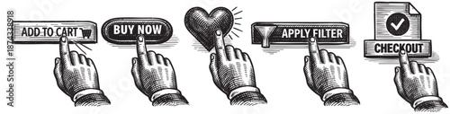 This vintage woodcut style illustration depicts a sequence of hands interacting with various e commerce buttons, symbolizing the online shopping journey.