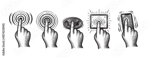 A set of five vintage-style black and white illustrations depict a human finger interacting with different digital interfaces, symbolizing interaction and technology.