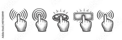 A set of five hand-drawn icons illustrating finger taps and clicks on various digital interface elements, representing interaction and technology.