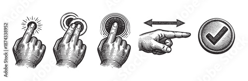 A set of vintage-style hand gesture icons illustrating touch screen interactions including single tap, double tap, pressing, swiping, and a checkmark for confirmation.
